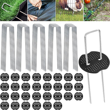 Frasheng Grapas Césped Artificial, 100 Grapas para Jardín y 30 Arandelas, 150x30x3mm, Acero Galvanizado, Grapas para Malla Antihierba, Cesped Artificial y Jardin
